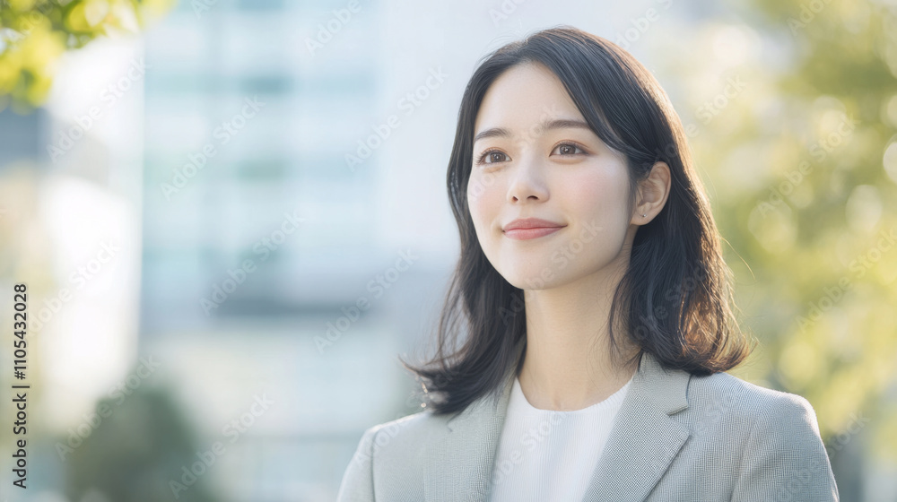 confident woman in suit smiling outdoors, showcasing professionalism and optimism confident woman in suit smiling outdoors, showcasing professionalism and optimism