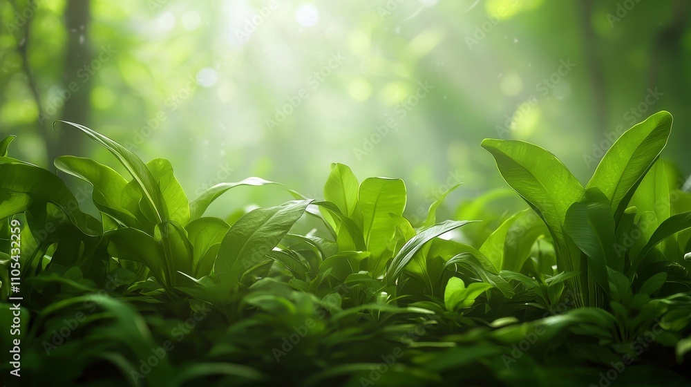 Obraz premium Lush Green Foliage in Sunlit Forest with Vibrant Leaves and Gentle Light Streaming Through Trees