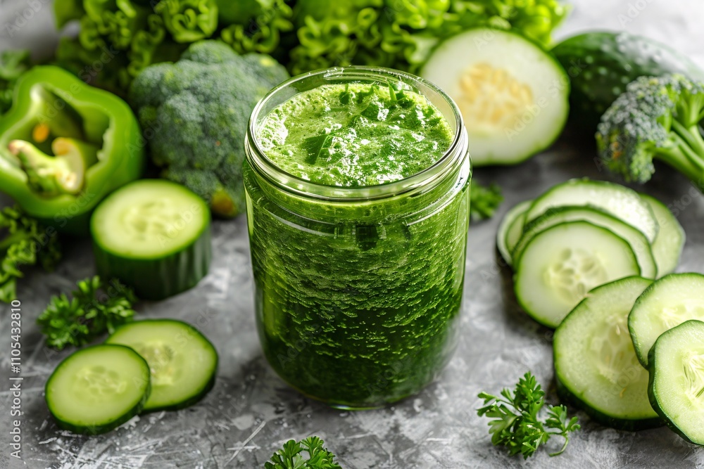 A jar filled with a vibrant green smoothie sits on a grey surface, surrounded by fresh cucumber slices, broccoli florets, and leafy greens. The drink showcases a healthy mix of ingredients A jar filled with a vibrant green smoothie sits on a grey surface, surrounded by fresh cucumber slices, broccoli florets, and leafy greens. The drink showcases a healthy mix of ingredients