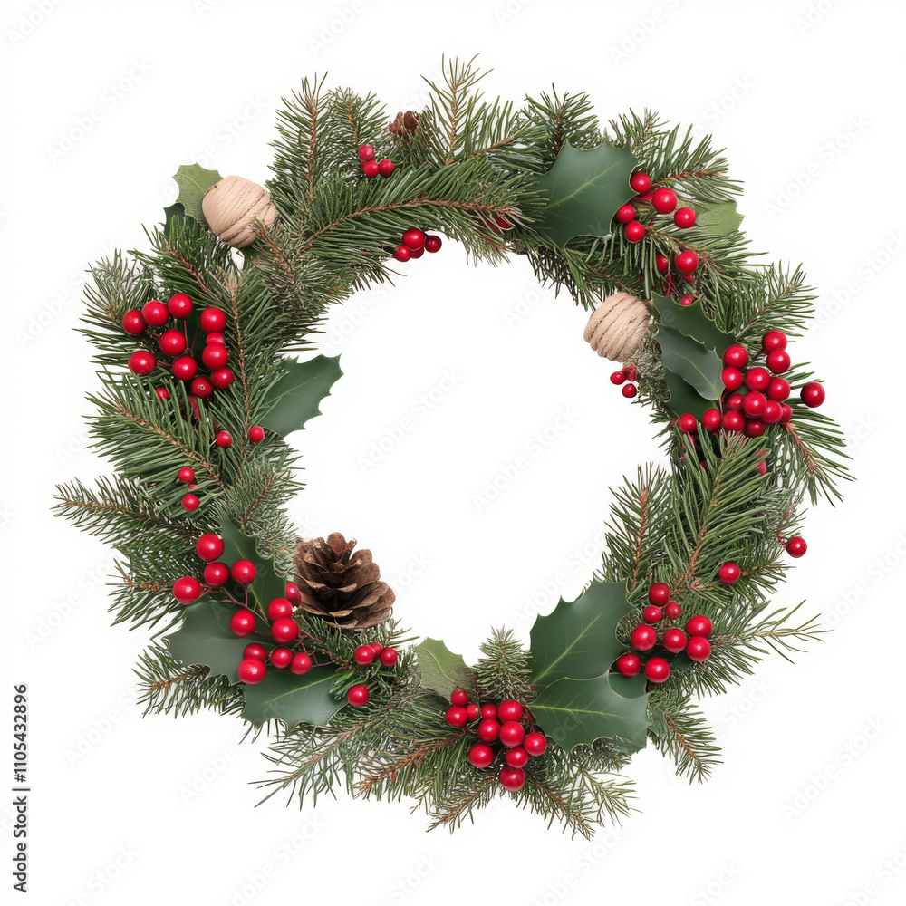 Festive Christmas wreath with vibrant red berries and pinecones Festive Christmas wreath with vibrant red berries and pinecones
