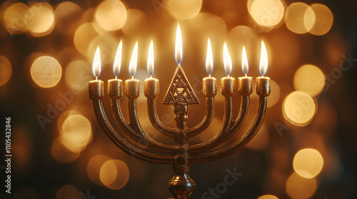 Golden menorah with little candles for hanukkah celebration in Israel. Traditional festive background is Jewish Festival of Lights. Passover, Shavuot, Yom Kippur. Religious concept for greeting card. photo