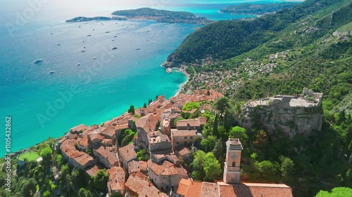 Aerial view of the medieval village of Eze, French Riviera, France.