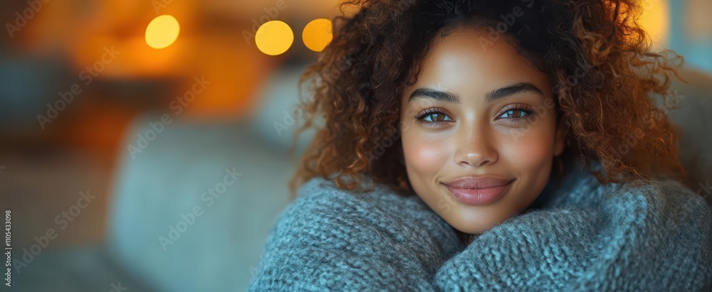 gorgeous ebony woman cuddled up on a sofa radiating joy and warmth enjoying a cozy winter evening at home with soft lighting creating an intimate atmosphere gorgeous ebony woman cuddled up on a sofa radiating joy and warmth enjoying a cozy winter evening at home with soft lighting creating an intimate atmosphere
