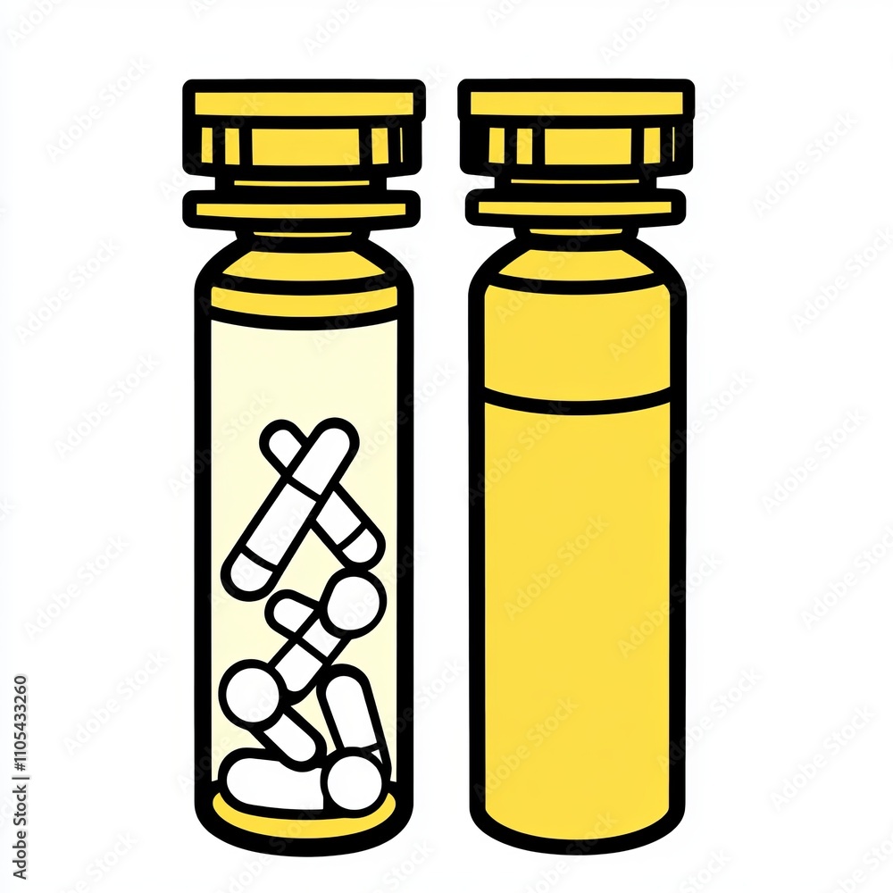 Colorful Illustration of Medicine Bottles with White Capsules - Health and Wellness Product Design Colorful Illustration of Medicine Bottles with White Capsules - Health and Wellness Product Design