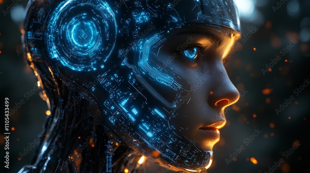 Half Human Half Robot Doctor with Glowing Features Half Human Half Robot Doctor with Glowing Features