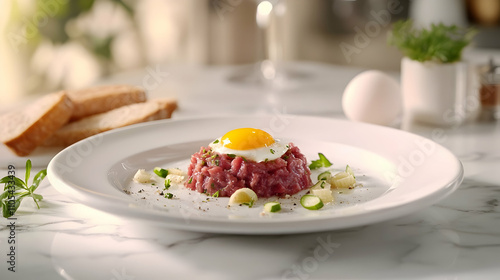 Classic Beef Tartare with Quail Egg and Cornichons, French Bistro Photography