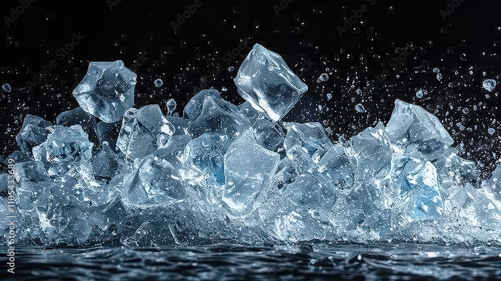 Dynamic Motion of Crushed Ice Pieces Scattered Across a Dark Background Dynamic Motion of Crushed Ice Pieces Scattered Across a Dark Background