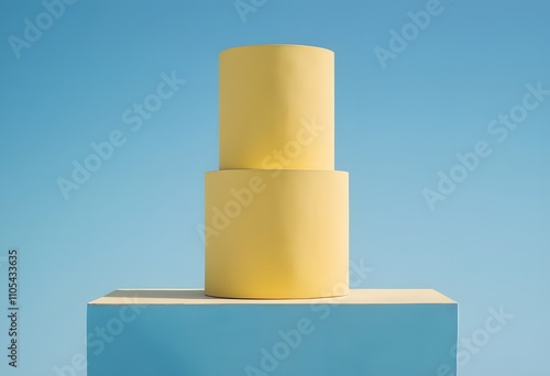 A zigzag design pastel yellow podium on a sky-blue gradient background, Ai Generated photo