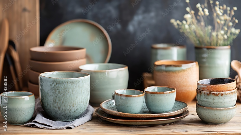 A wooden table covered with handmade pottery bowls, cups, and plates, warm natural light highlighting the earthy textures, soft shadows and organic feel, calm and artisanal mood A wooden table covered with handmade pottery bowls, cups, and plates, warm natural light highlighting the earthy textures, soft shadows and organic feel, calm and artisanal mood
