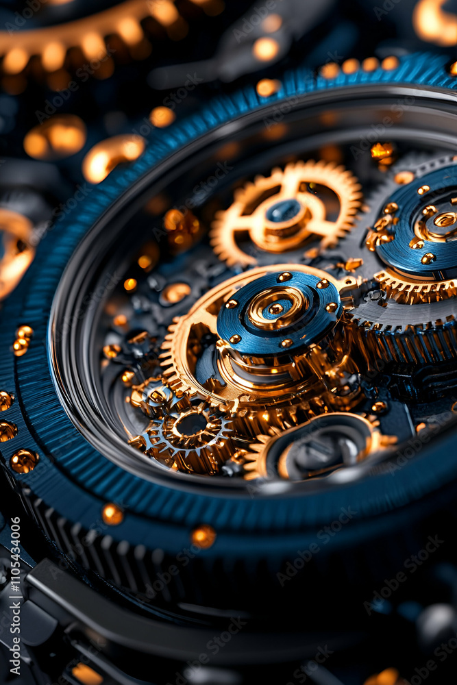 Fototapeta premium A close-up of intricate watch gears, showcasing a blend of gold and blue tones, highlighting the complexity and craftsmanship of mechanical timepieces.