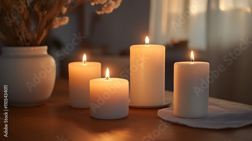 A table set with handmade candles, with soft, flickering flames and delicate craftsmanship, warm light casting a glow across the room, intimate and cozy vibe photo