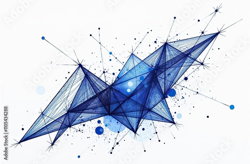 A modern abstract representation of interconnected geometric shapes in blue tones, featuring intricate wireframe structures and scattered circular accents on a white background photo