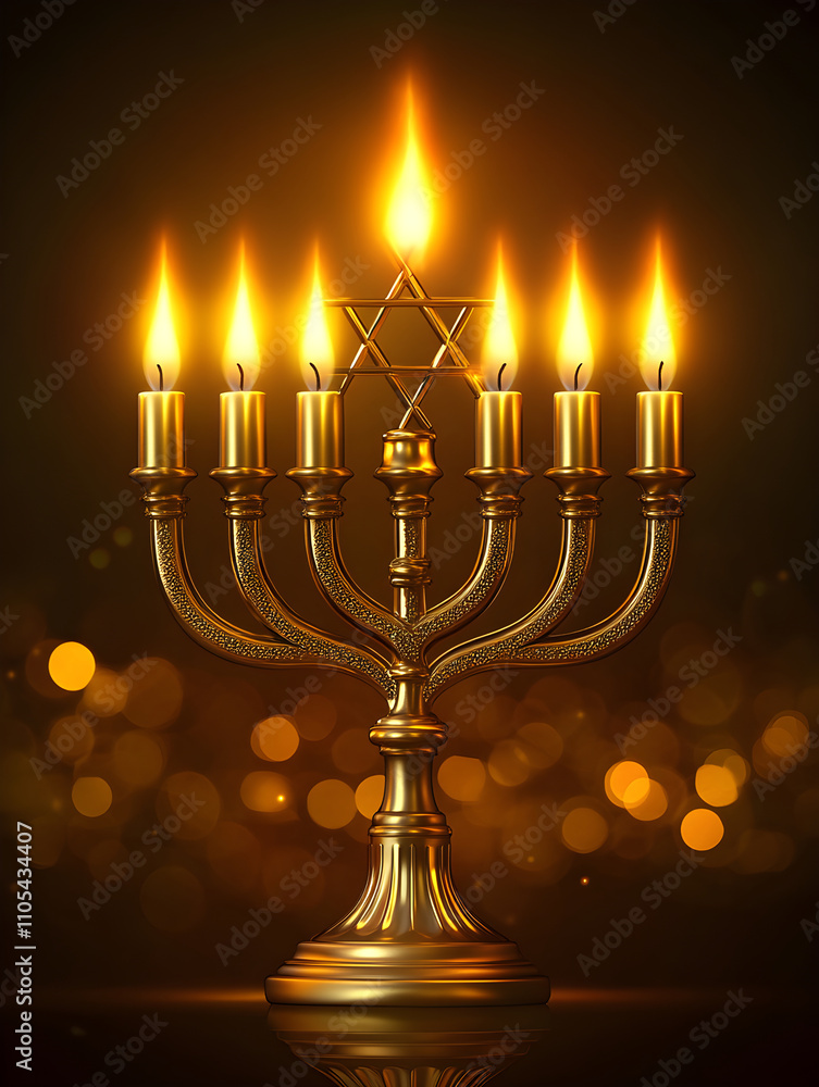 Fototapeta premium Golden menorah with little candles for hanukkah celebration in Israel. Traditional festive background is Jewish Festival of Lights. Passover, Shavuot, Yom Kippur. Religious concept for greeting card.