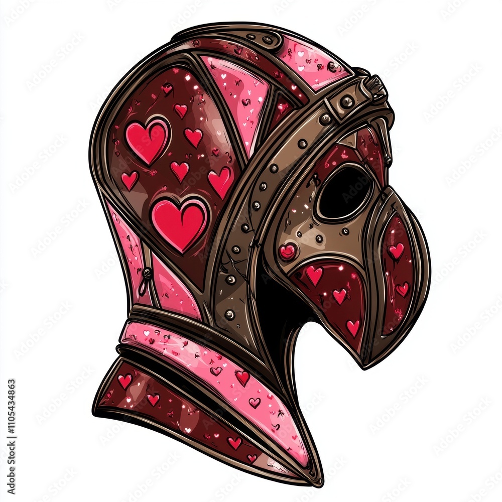 A decorative helmet adorned with hearts, blending armor and romance. A decorative helmet adorned with hearts, blending armor and romance.