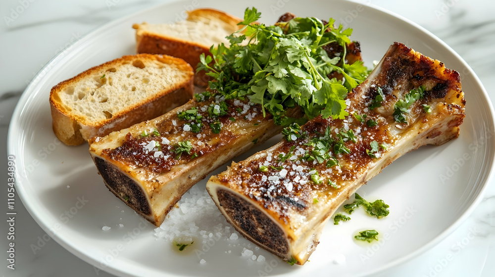 Roasted Bone Marrow with Parsley Salad and Sourdough, Luxury Appetizer Photography Roasted Bone Marrow with Parsley Salad and Sourdough, Luxury Appetizer Photography