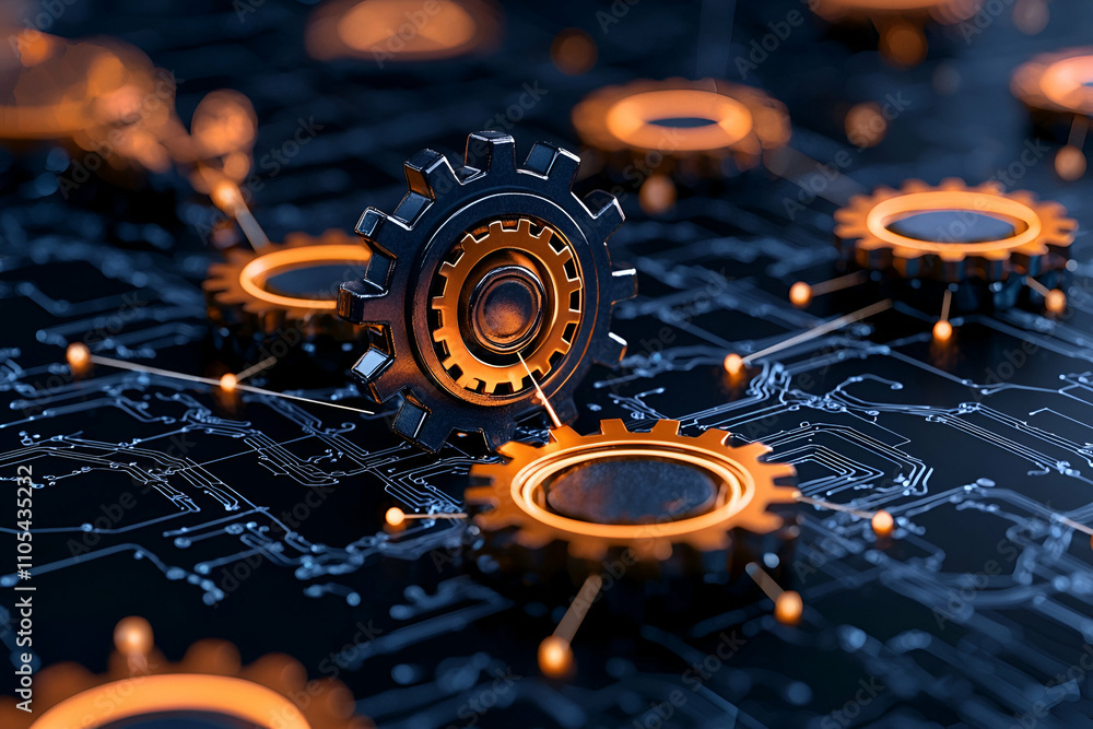 Fototapeta premium A visually striking representation of interconnected gears and circuits, symbolizing technology, innovation, and automation.