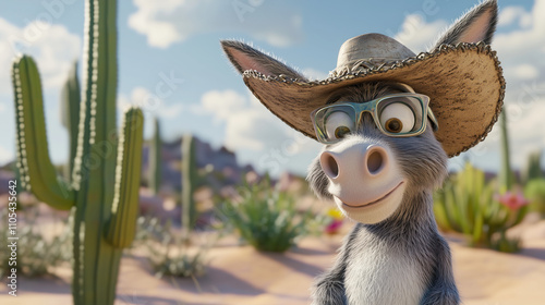 Cheerful donkey against the Wild West background