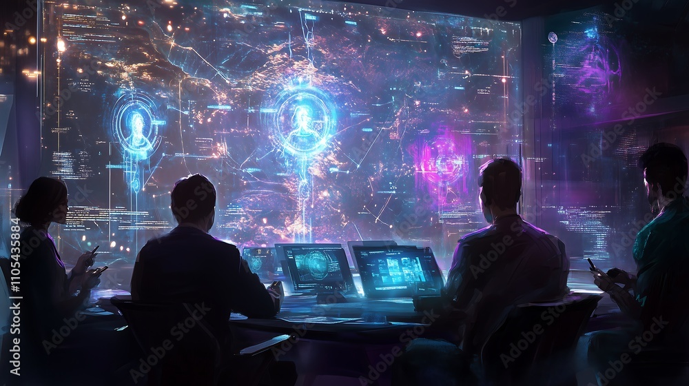 Digital Hologram Display in Futuristic Remote Team Meeting Digital Hologram Display in Futuristic Remote Team Meeting