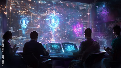 Wallpaper Mural Digital Hologram Display in Futuristic Remote Team Meeting Torontodigital.ca