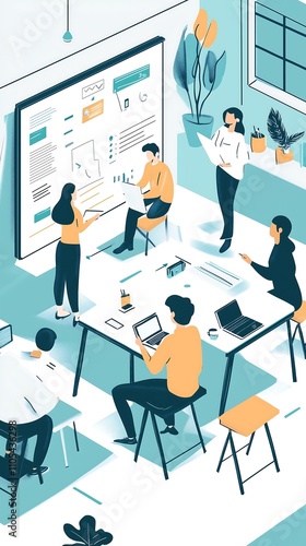 Team Collaborating in Modern Office Using Online Whiteboard