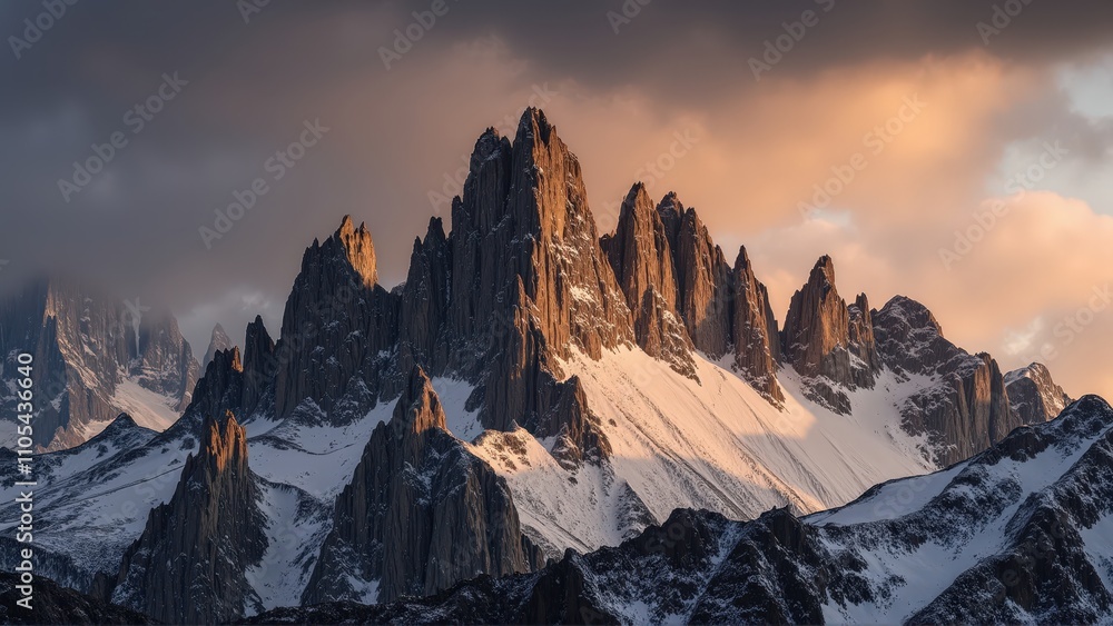 Obraz premium Generative AI, Jagged Mountain Peak at Sunset with Snow-Dusted Ridges