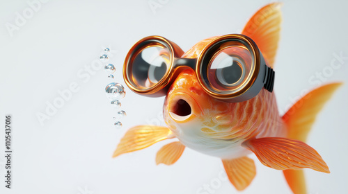 Surprised aquarium fish wearing glasses, copy space