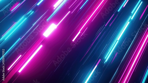 Abstract futuristic sci-fi background with vibrant neon lights. Dynamic lines of bright pink, cyan lights create high-tech look. Steampunk elements blend into dark night tech ambiance. Virtual