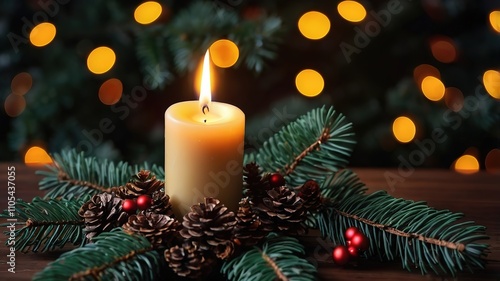 Burning Christmas candle in dark decorated fir tree room, 8k Resolution