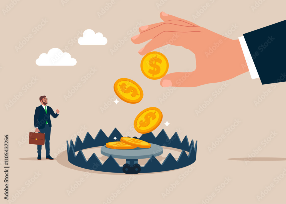 Credit trap. Bear trap and pile of gold coins. Money Trap. Flat vector illustration Credit trap. Bear trap and pile of gold coins. Money Trap. Flat vector illustration