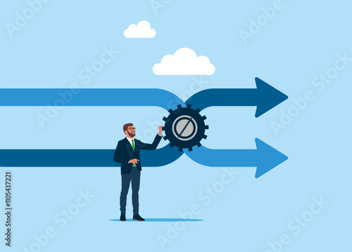 Businessman change gears to change manage company transformation. Flat vector illustration