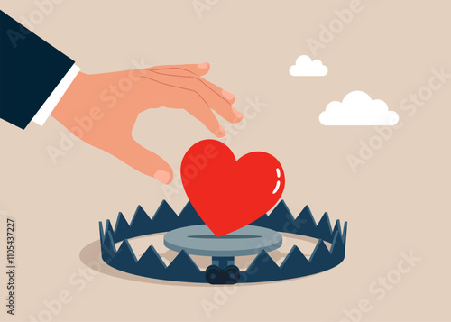 Hand is trying to take red heart above metal bear trap. Heal heart broken or divorce and relationship problem. Flat vector illustration