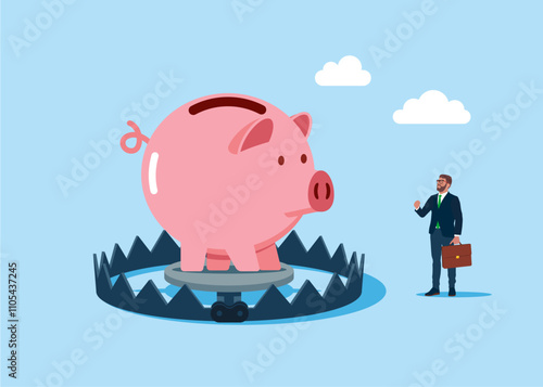 Piggy bank on in metallic bear trap. Flat vector illustration