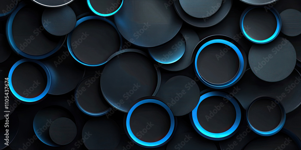 Abstract Tech Background with Black and Blue Neon Circles, Futuristic Neon Circle Design in Black and Blue Abstract Tech Background with Black and Blue Neon Circles, Futuristic Neon Circle Design in Black and Blue