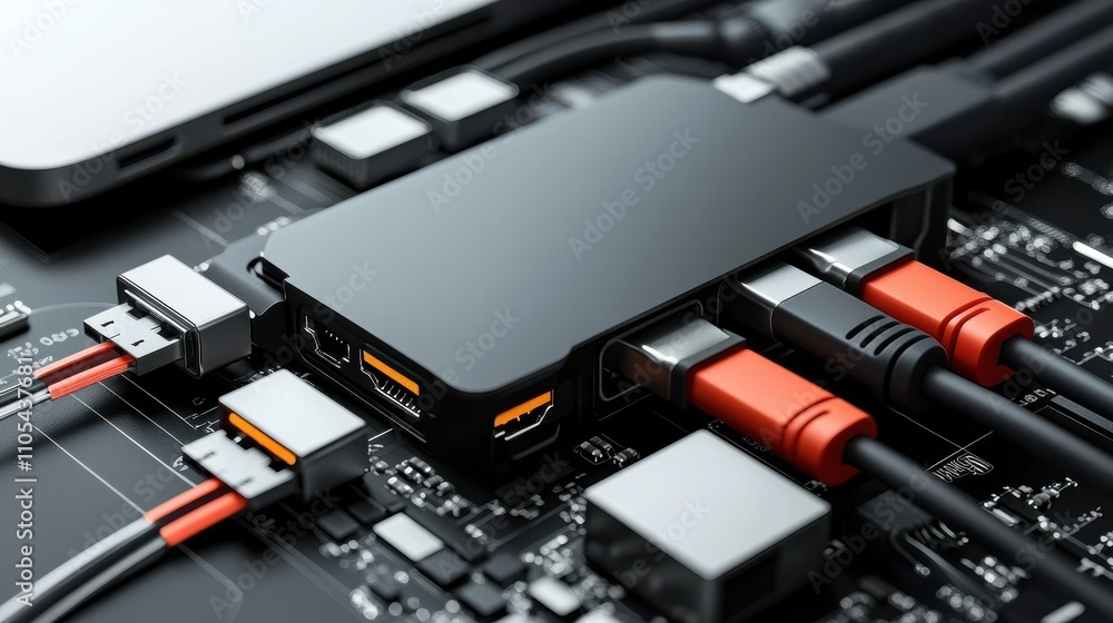Macro shot of a laptop docking station with multiple connections home office technology close-up modern workspace tech gadgets and accessories Macro shot of a laptop docking station with multiple connections home office technology close-up modern workspace tech gadgets and accessories