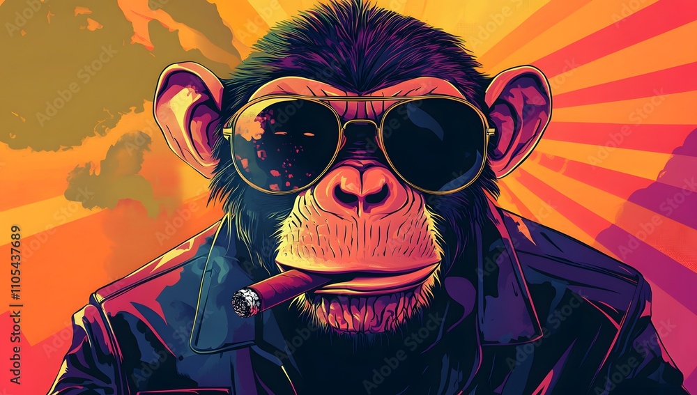 Cool chimpanzee in sunglasses enjoying a cigar. Vibrant colors and bold style. Cool chimpanzee in sunglasses enjoying a cigar. Vibrant colors and bold style.
