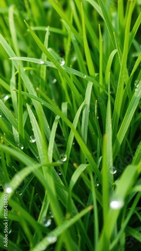 Lush and vibrant fresh spring green grass background with dewdrops, environment