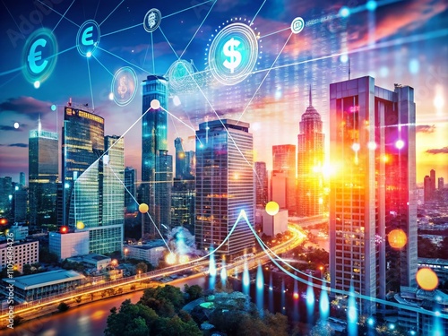 Abstract Double Exposure Photography Representing Financial Technology and the Global Economy with Visual Elements of Currency, Graphs, and Futuristic Cityscapes