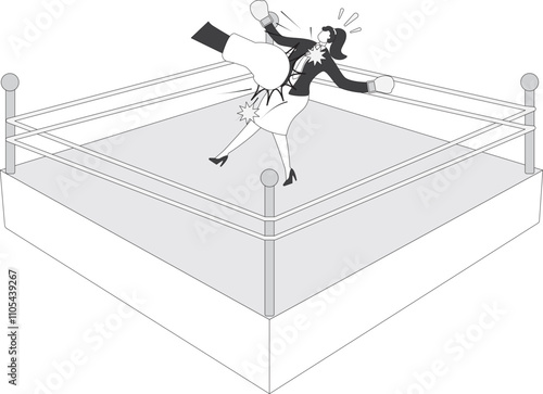 Defeated businesswoman boxer being hit by a huge boxing glove