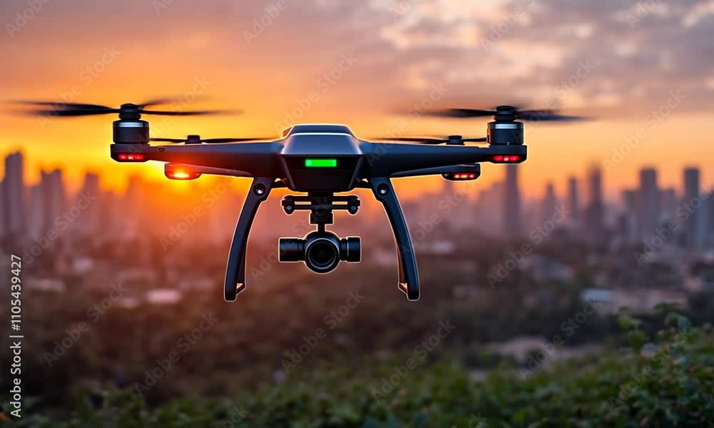 A drone flying over a city skyline at sunset. A drone flying over a city skyline at sunset.