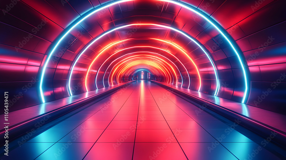 Neon-lit Arched Tunnel: Futuristic 3D Render of a vibrant, glowing passageway with pink and blue neon lights, creating a dynamic and energetic abstract background. Neon-lit Arched Tunnel: Futuristic 3D Render of a vibrant, glowing passageway with pink and blue neon lights, creating a dynamic and energetic abstract background.