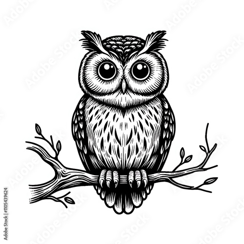 Black and white illustration of an owl on a branch. photo