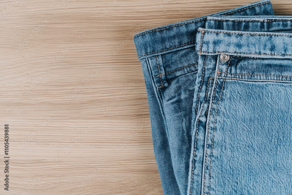 Jeans texture and comfortable concept, Two pairs of blue jeans neatly folded on a wooden surface, showcasing different shades and textures of denim. Jeans texture and comfortable concept, Two pairs of blue jeans neatly folded on a wooden surface, showcasing different shades and textures of denim.