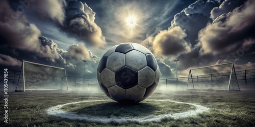 Abstract Football Theme Background Featuring a Large Soccer Ball and Various Soccer Symbols in Monochrome Shades of Black and Gray for Creative Sports Designs photo