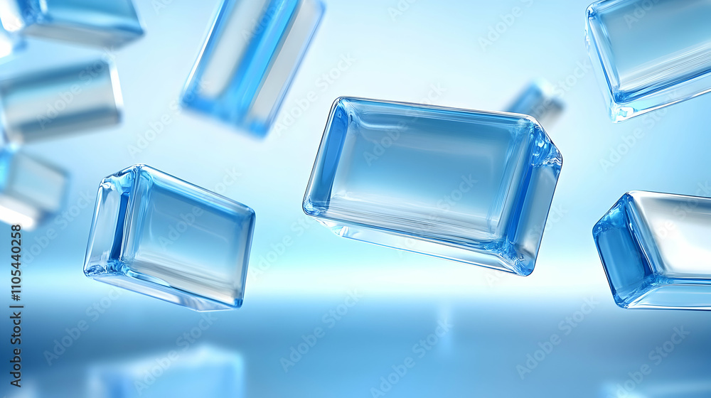Abstract 3D Rendering of Floating Blue Glass Cubes in a Light Blue Background Abstract 3D Rendering of Floating Blue Glass Cubes in a Light Blue Background