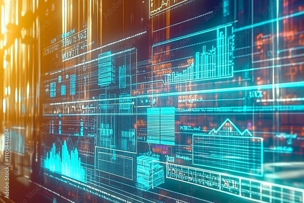 Naklejka premium Futuristic Digital Analytics Dashboard with Market Data Visualization