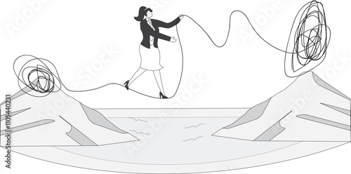 Businesswoman walking on a messily tangled tight rope and unraveling it