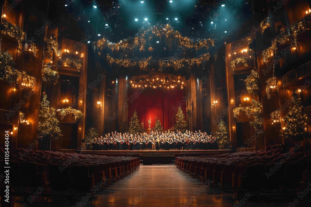 A vibrant choir singing in unison on a large stage, surrounded by warm lighting and festive decor. Generative AI A vibrant choir singing in unison on a large stage, surrounded by warm lighting and festive decor. Generative AI