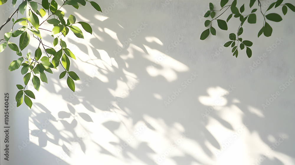 Sunlight casts leafy shadows on a white wall, creating a serene and natural abstract background. Sunlight casts leafy shadows on a white wall, creating a serene and natural abstract background.