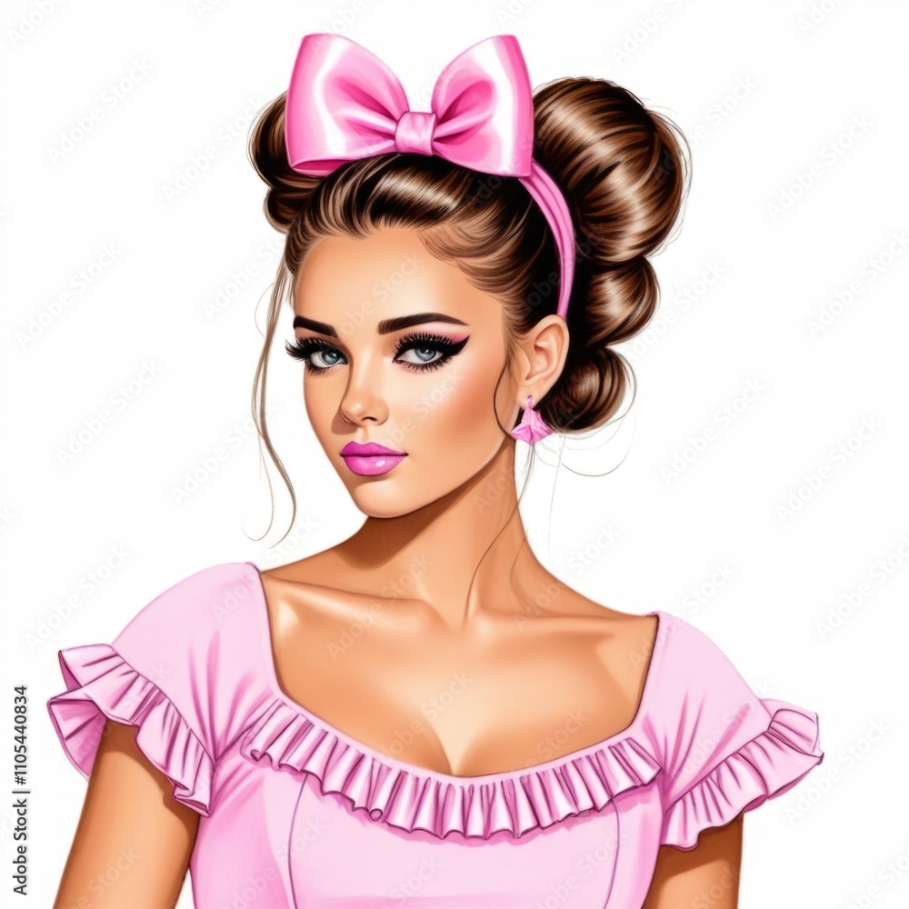Bright and cheerful young woman with a pink bow hairstyle and dress posing gracefully against a white background Bright and cheerful young woman with a pink bow hairstyle and dress posing gracefully against a white background