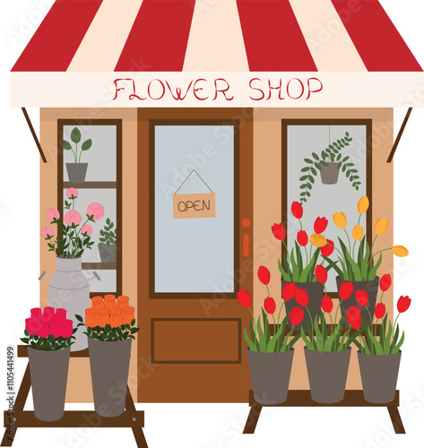 Vintage flower shop template with tulips, roses and peonies